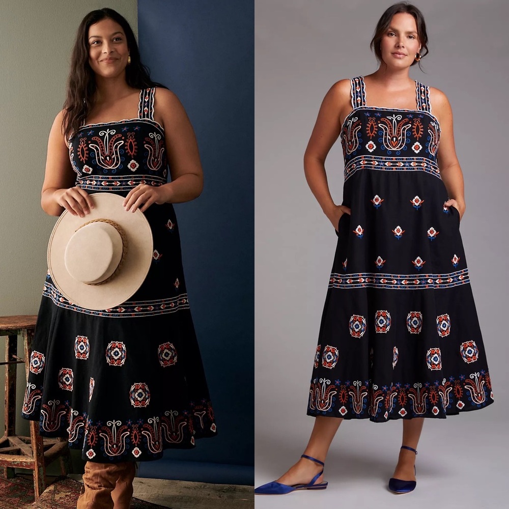 Anthropologie Embroidered Midi Dress Black Size 16W $248